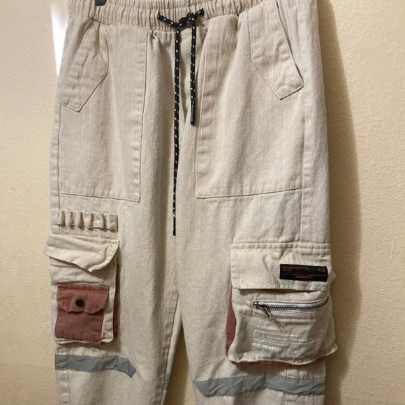 Dynvision Reconstruct Trend Men's Streetwear Beige Cargo Jogger Pants Size S/M - Picture 1 of 11